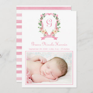 Pink Monogrammed Crest Birth Announcement