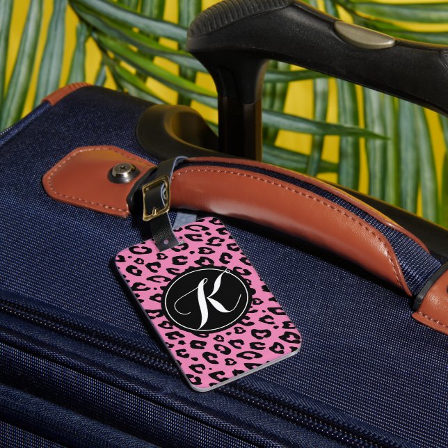 Pink monogrammed leopard print luggage tag (Front Insitu 1)