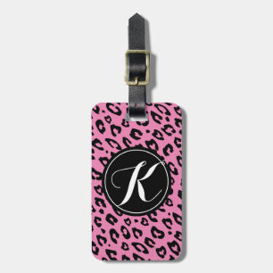 Pink monogrammed leopard print luggage tag