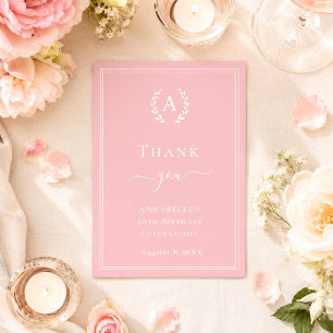Pink monogrammed minimalist birthday thank you card