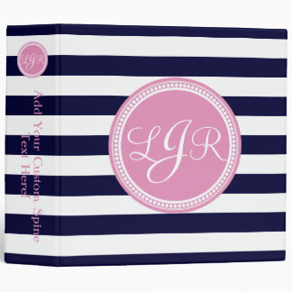 Pink Monogrammed Navy Blue Stripe Personalized Binder