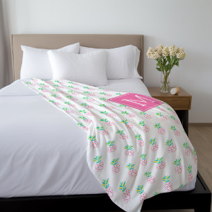 Pink Monogrammed Pineapples Pattern Fleece Blanket