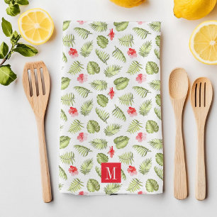 Pink Monogrammed Tropical Palm Leaves Pattern Kitchen Towel