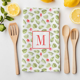 Pink Monogrammed Tropical Palm Leaves Pattern Kitchen Towel