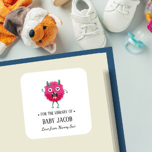 Pink Monster Baby Toddler Personalized Bookplate Square Sticker