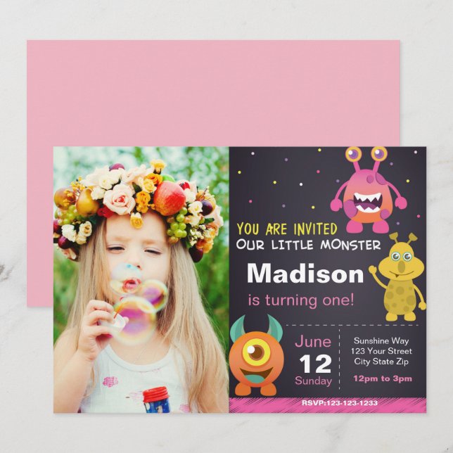 Pink Monster Invitation with photo (Front/Back)