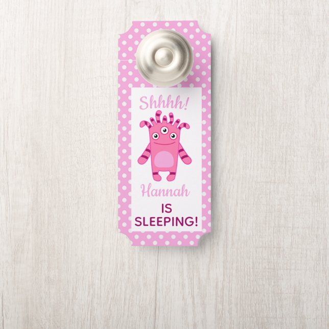 Pink Monster Shhh! Baby Is Sleeping Door Hanger (On Knob)