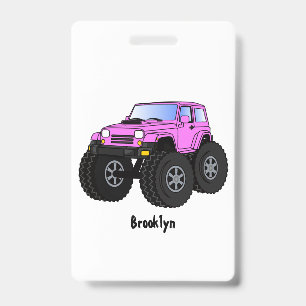 Pink monster truck cartoon illustration badge