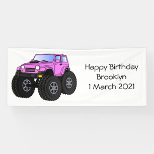Pink monster truck cartoon illustration banner