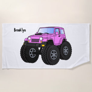Pink monster truck cartoon illustration beach towel