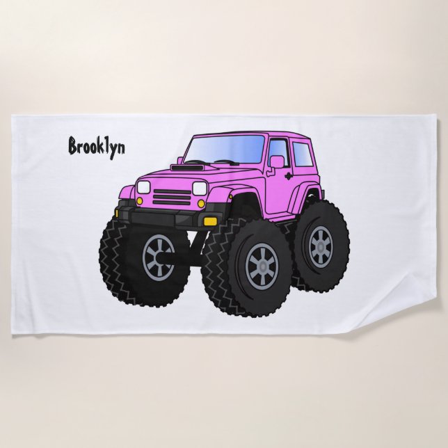 Pink monster truck cartoon illustration beach towel (Front)