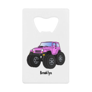 Pink monster truck cartoon illustration credit card bottle opener