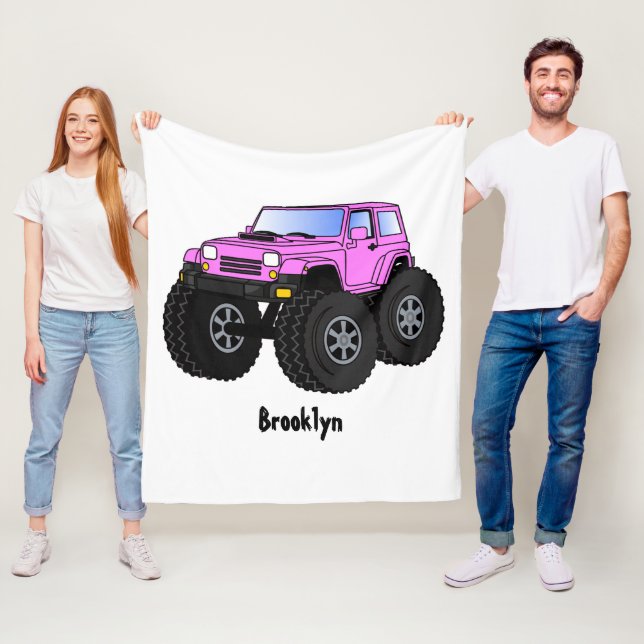Pink monster truck cartoon illustration fleece blanket (In Situ)