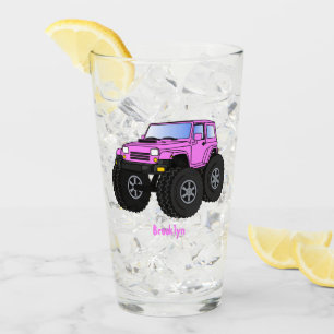 Pink monster truck cartoon illustration glass