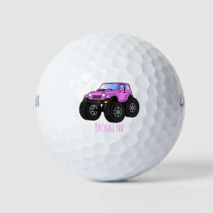 Pink monster truck cartoon illustration golf balls