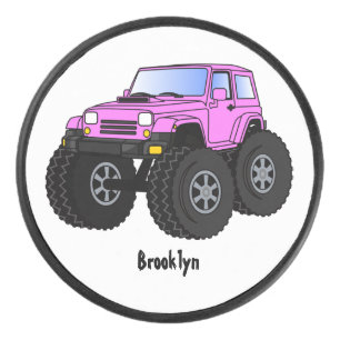 Pink monster truck cartoon illustration hockey puck