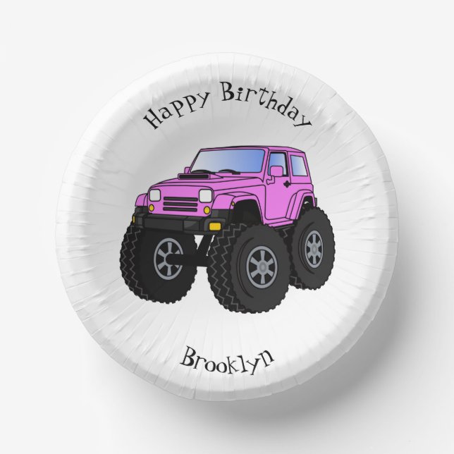 Pink monster truck cartoon illustration  paper plate (Front)