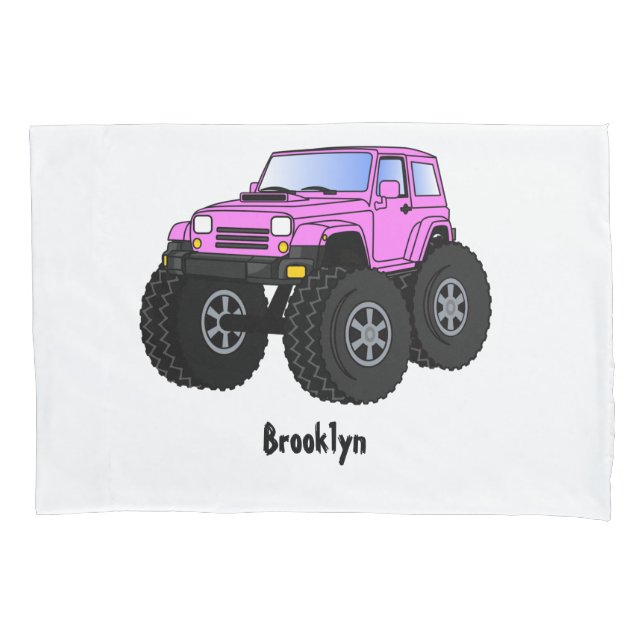 Pink monster truck cartoon illustration pillowcase (Front)