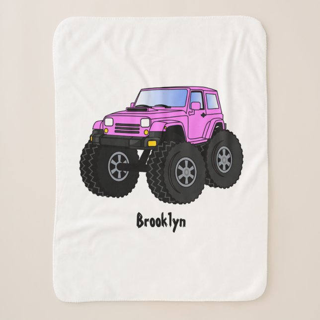Pink monster truck cartoon illustration  sherpa blanket (Front)