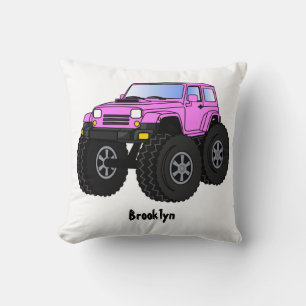 Pink monster truck cartoon illustration throw pillow