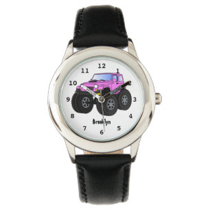 Pink monster truck cartoon illustration watch