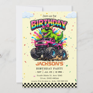 Pink Monster Truck & T-Rex Rainbow Birthday Invitation