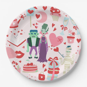 pink monster valentines bride frankenstein mummy paper plate