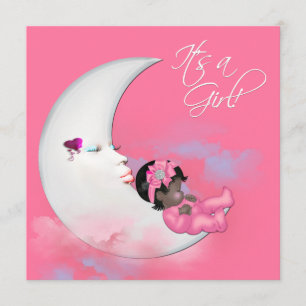 Pink Moon African American Baby Girl Shower Invitation