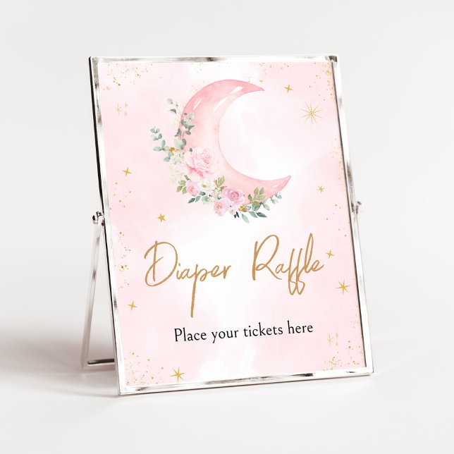 Pink Moon and Stars Baby Shower Diaper Raffle Poster (Twinkle Little Star Baby Shower Diaper Raffle Sign)