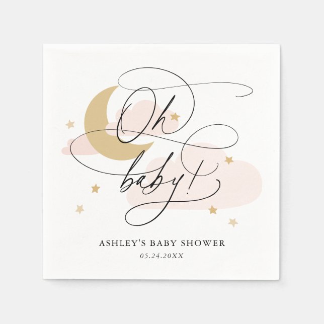 Pink Moon and Stars Script Oh Baby Shower Napkins (Front)