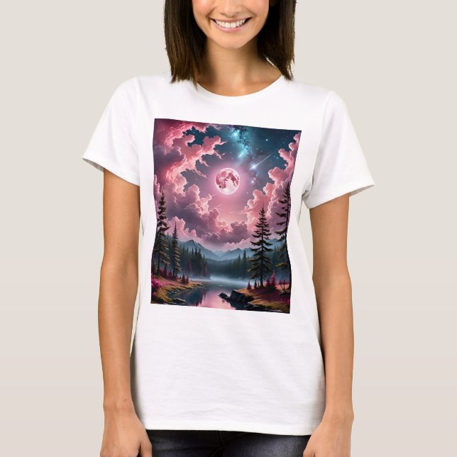 Pink Moon Fantasy Dreamy Night Sky T-Shirt (Front)
