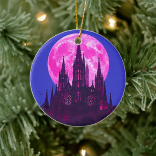 Pink Moon Gothic Cathedral  Ceramic Ornament
