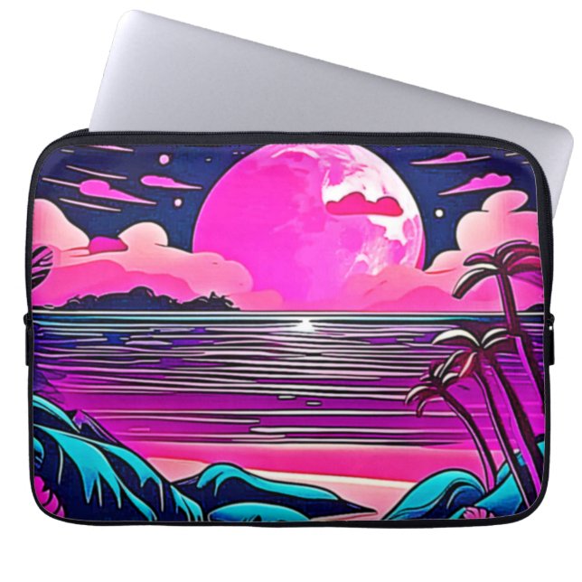 Pink Moon Neon Beachscape Laptop Sleeve (Front)