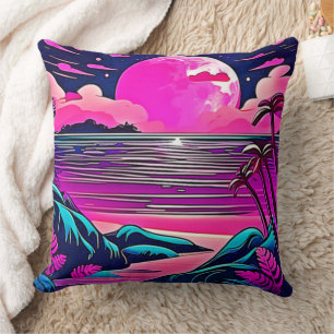 Pink Moon Neon Beachscape Throw Pillow