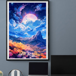 Pink moon night sky floral landscape | Ai Poster