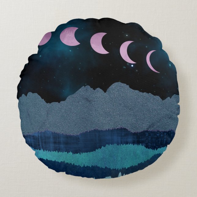 Pink Moon Phases Landscape Round Pillow (Front)