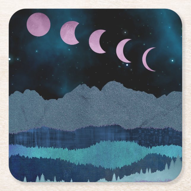 Pink Moon Phases Landscape Square Paper Coaster (Front)