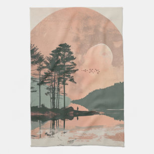 Pink Moon Sage Mountain Forest Lake Landscape Kitchen Towel