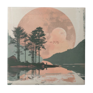 Pink Moon Sage Mountain Forest Lake Landscape Tile