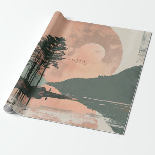Pink Moon Sage Mountain Forest Lake Landscape Wrapping Paper