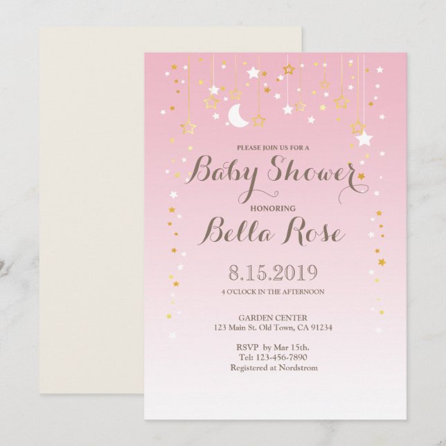Pink Moon Star Girl Baby Shower Invite (Front/Back)
