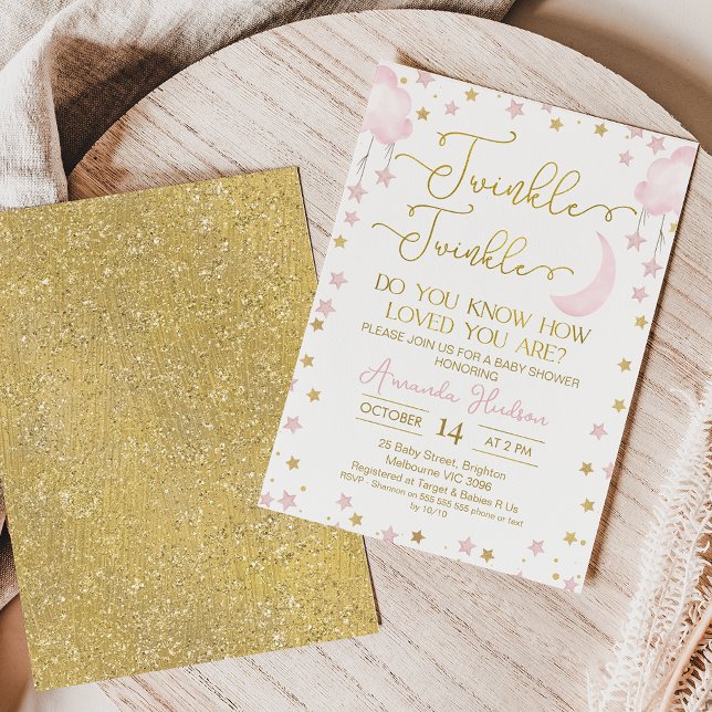 Pink Moon Stars Twinkle Little Star Baby Shower Invitation (Girl's twinkle twinkle little star baby shower invitation featuring some pink and gold stars.)