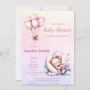 Pink Moon Sweet Sleepy Baby Bear Theme Invitation