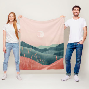 Pink Moon Teal Boho Mountain Landscape Fleece Blanket