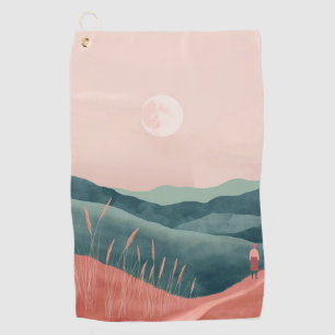Pink Moon Teal Boho Mountain Landscape Golf Towel
