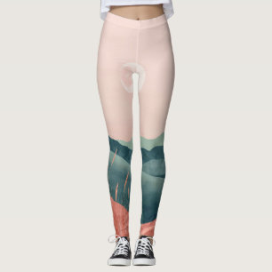 Pink Moon Teal Boho Mountain Landscape Leggings