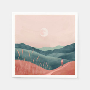 Pink Moon Teal Boho Mountain Landscape Napkin