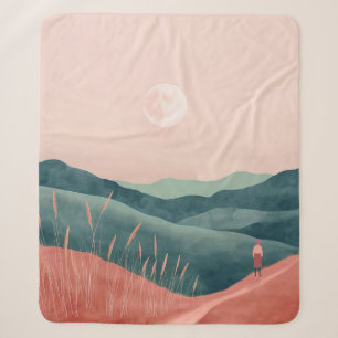 Pink Moon Teal Boho Mountain Landscape Sherpa Blanket