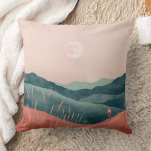 Pink Moon Teal Boho Mountain Landscape Throw Pillow
