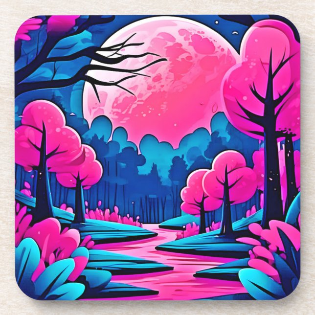 Pink Moonlit Forest Art Coaster (Front)
